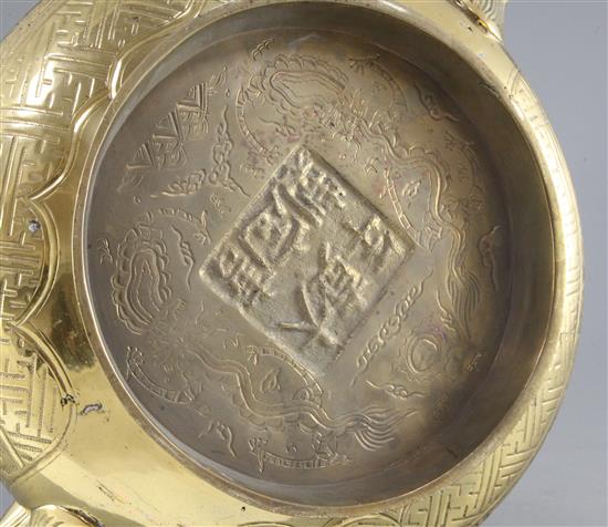 A very large Chinese bronze two handled censer, Gui, early 20th century, width 43.5cm diameter 32cm, wood stand, total weight 13.56kg